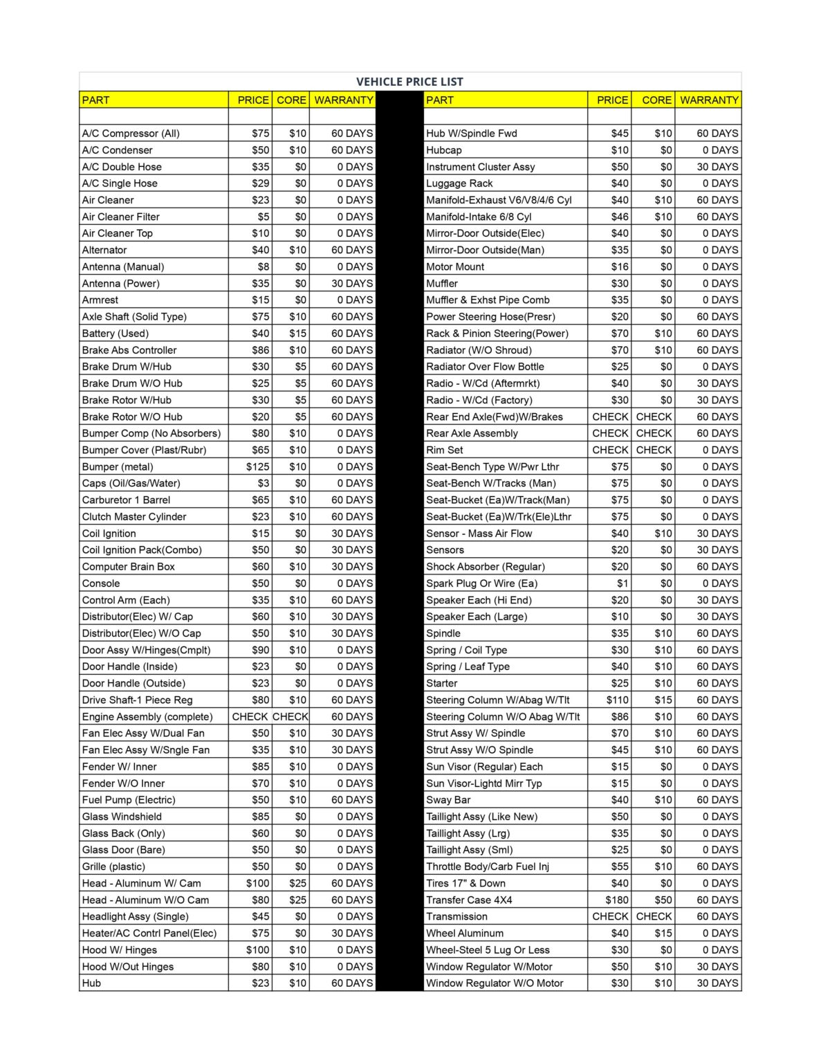 Part Pricing Garland Auto Recyclers